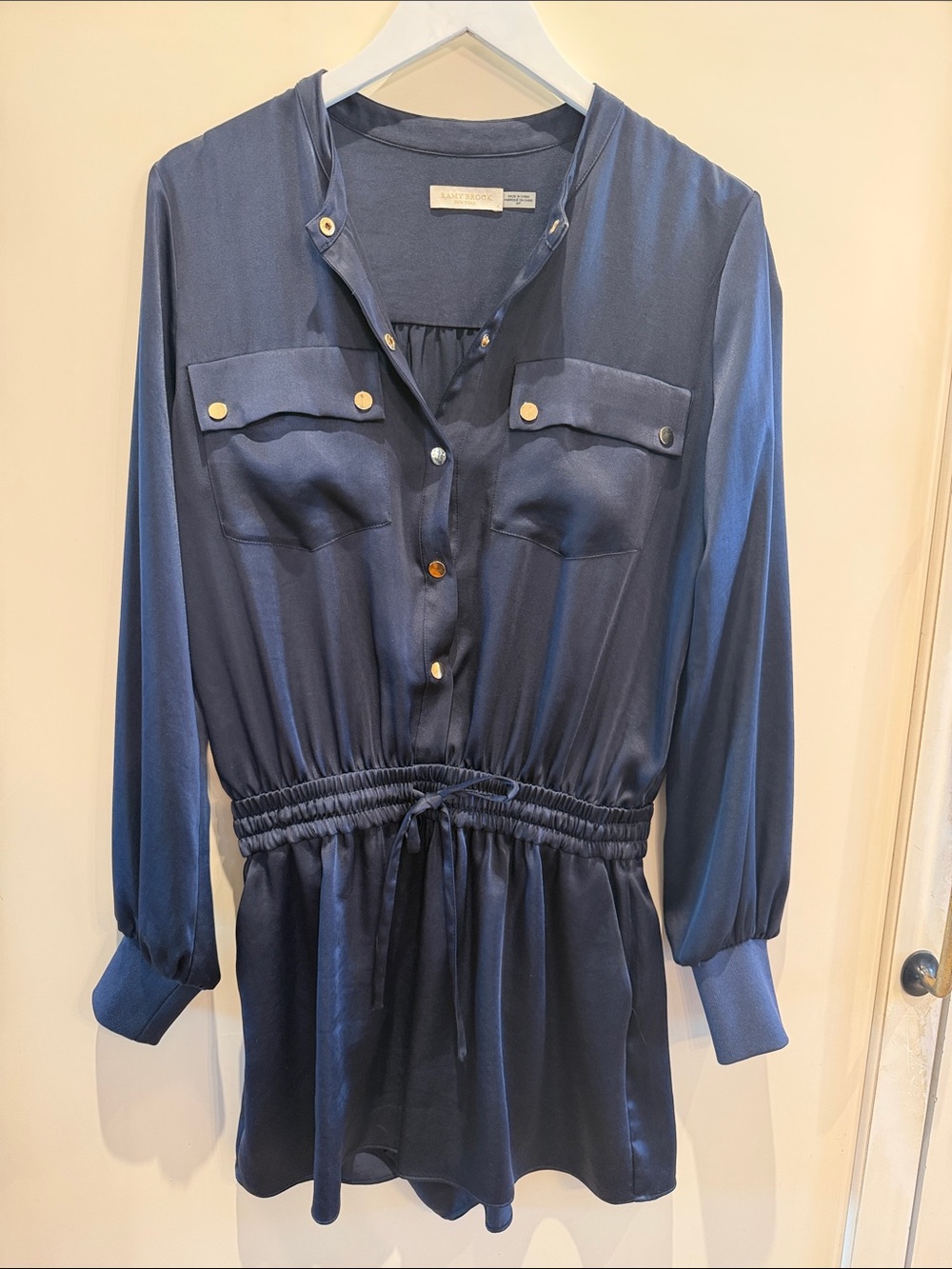 Ramy Brook Navy Satin Long-Sleeve Drawstring Romper